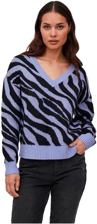 Vila Damen Viril Feami Mix V-Neck L/S Knit Top-noos Pullover XS Pale Iris/Pattern:with Black, XS Pal