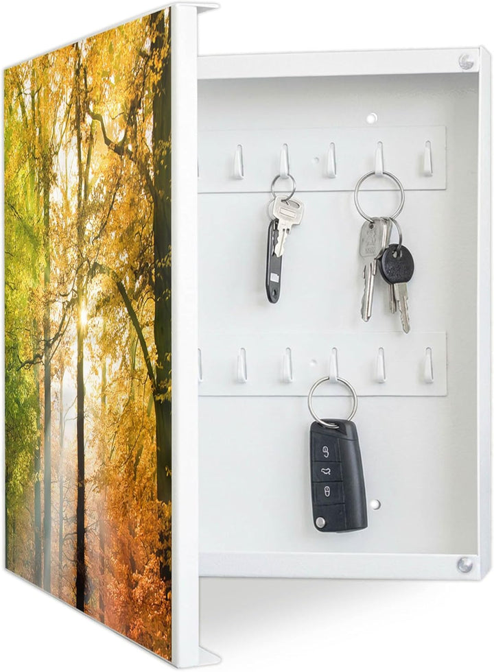 banjado® Grosser Schlüsselkasten Glas/Schlüsselbox 30cm x 30cm mit 50 Haken - Motiv Herbstwald/Schlü