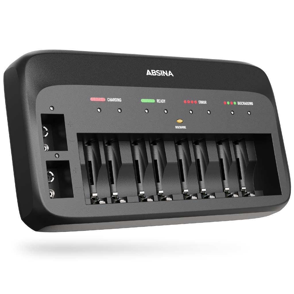 ABSINA Akku Ladegerät X10 für AA, AAA &amp; 9V - Akkuladegerät 10-Fach zum Laden von wiederaufladbaren A
