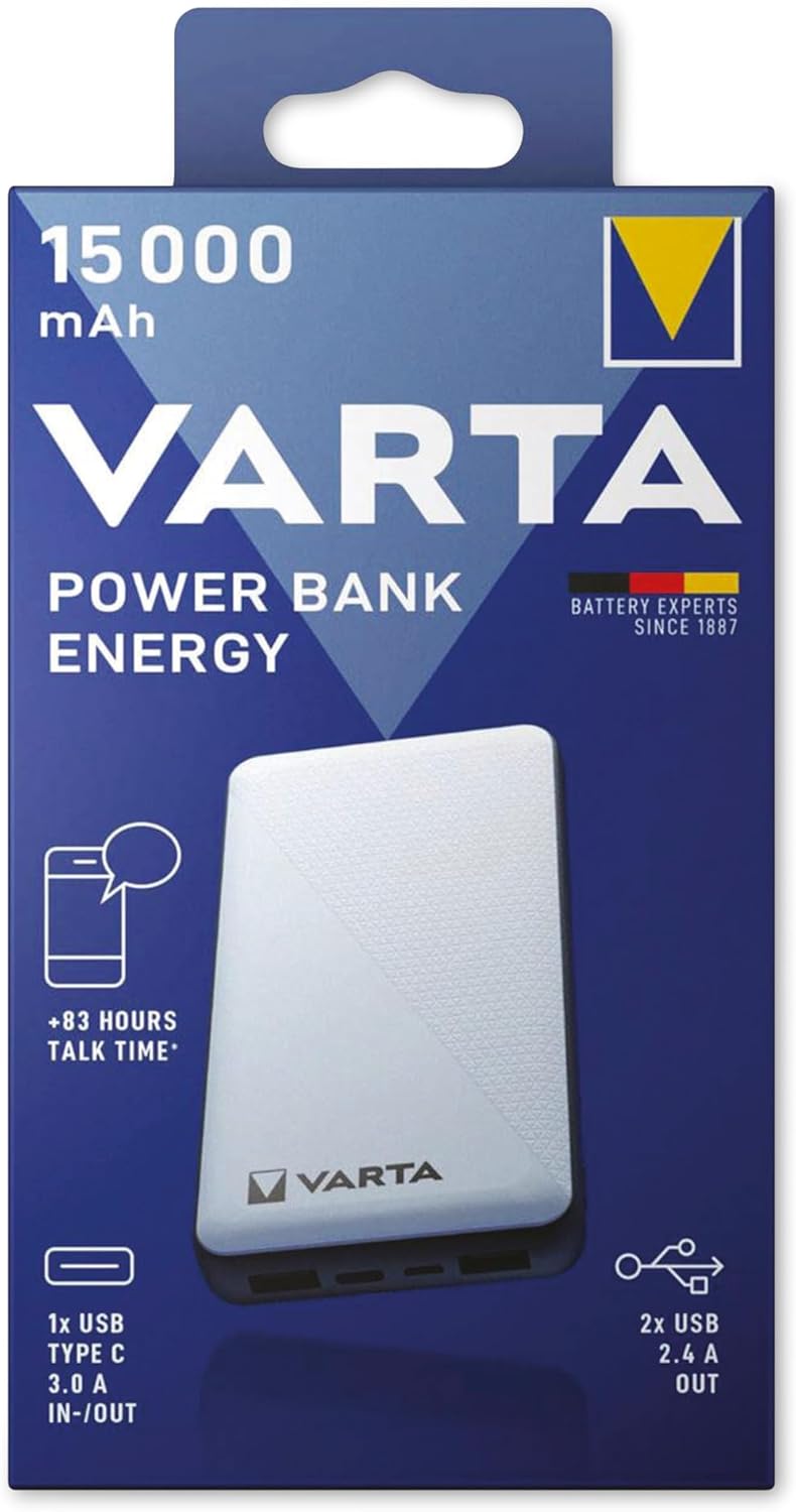 VARTA Power Bank 15000mAh, Powerbank Energy mit 4 Anschlüssen (1x Micro USB, 2x USB A, 1x USB C), ko