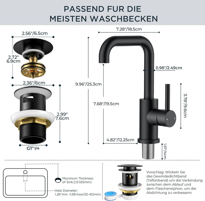 FORIOUS Wasserhahn Bad Schwarz Hoch mit Ablaufgarnitur，360° Drehbar Edelstahl Waschtischarmatur Hoch