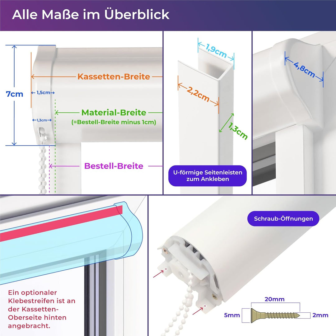 schattenfreu.de Doppelrollo mit Kassette nach Mass | Zum Anschrauben am Fensterrahmen oder an der Wa