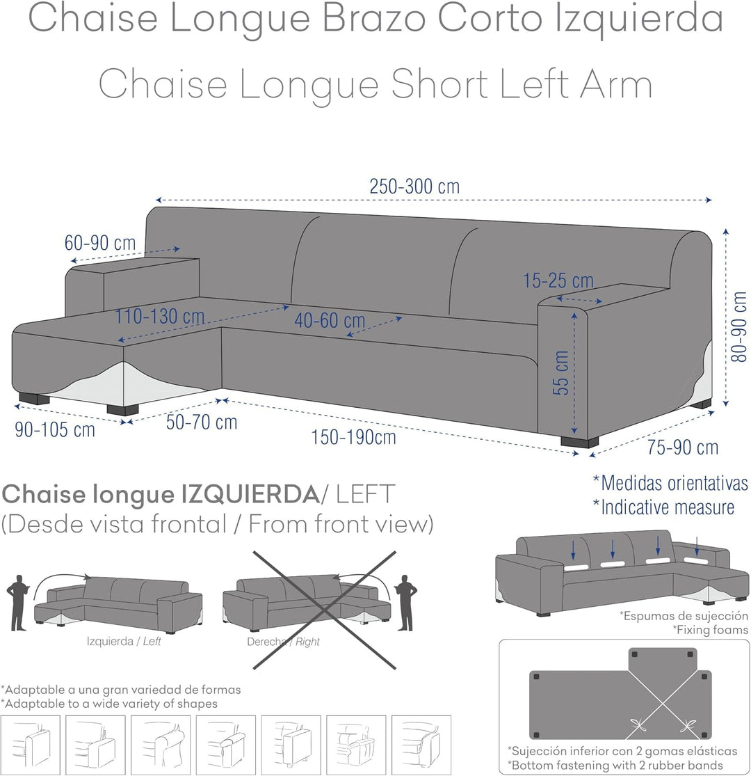 Eysa Aquiles elastisch Sofa überwurf Chaise Longue kurzer arm Links, frontalsicht, Farbe 06-grau, Po