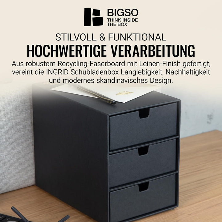 BIGSO INGRID Schubladenbox für Dokumente und Bürobedarf – Schreibtisch Organizer mit 3 Schubladen –