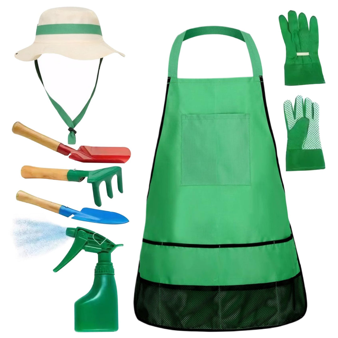 Kinder-Gartenset, 7-teilig, pädagogisch, für Kleinkinder, Gartenarbeit, inklusive Schürze, Sprühgerä
