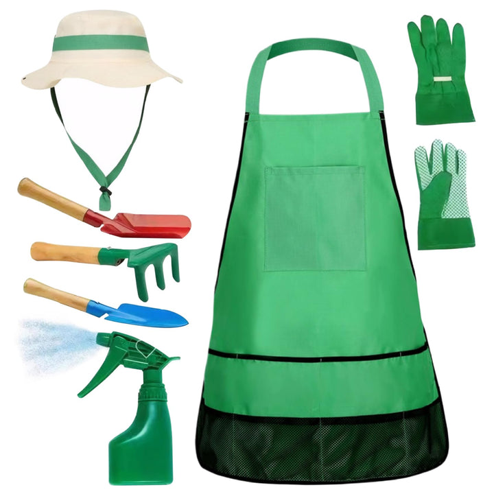 Kinder-Gartenset, 7-teilig, pädagogisch, für Kleinkinder, Gartenarbeit, inklusive Schürze, Sprühgerä
