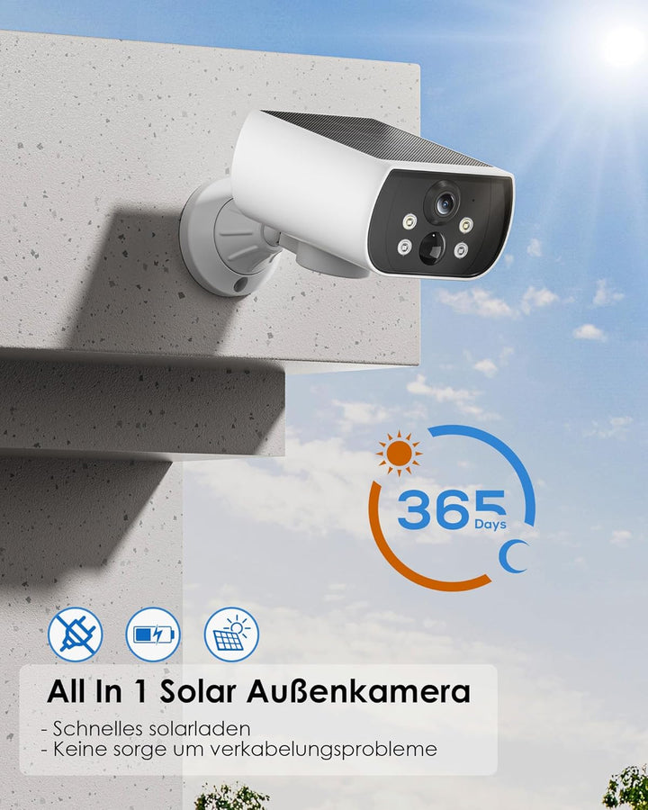 5MP Überwachungskamera Aussen Akku, Magnetische Montage, Kabellose Solarkamera für Aussen, 300° Hori