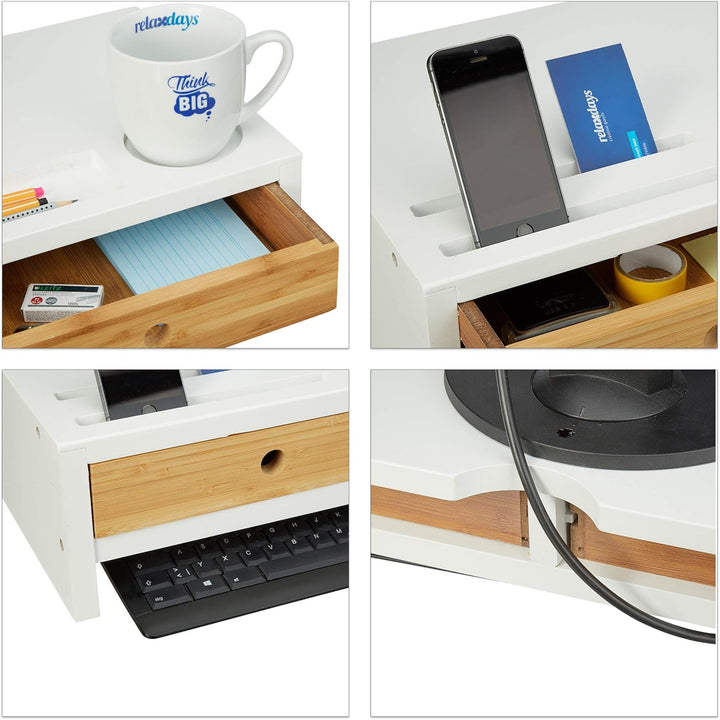 Relaxdays Monitorständer Bambus, Bildschirmerhöhung mit 2 Schubladen & Fächern, Lapdesk HBT 14 x 60