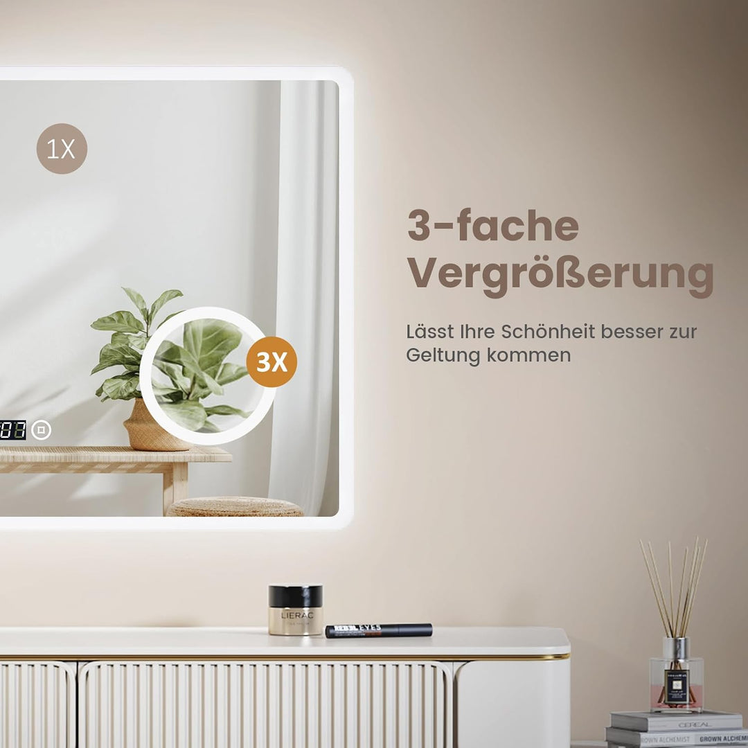 EMKE Badspiegel mit Beleuchtung 100x60cm, Touch, 3 dimmbare Lichtfarben, Uhr, 3-Fach Kosmetikspiegel