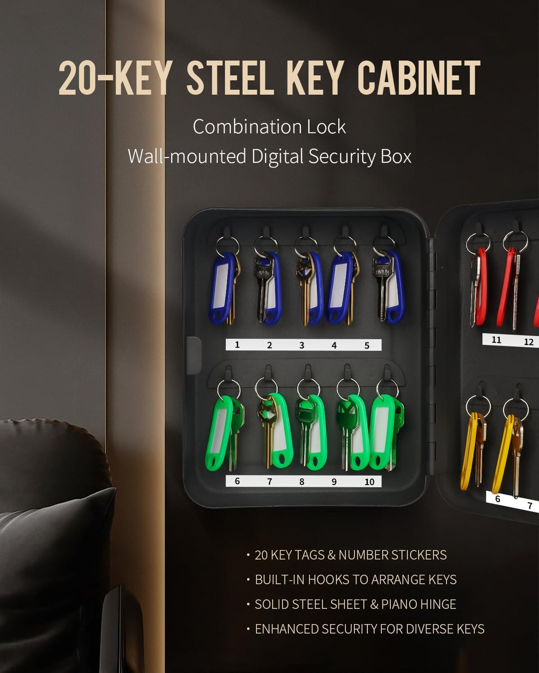 Uniclife 20 Position Schlüssel Kabinett mit Kombination Lock Resettable Black Digital Security Stora