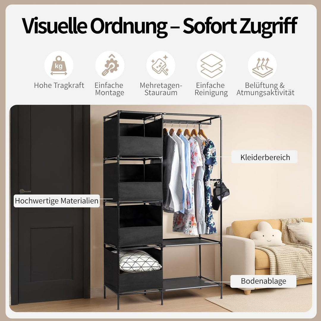 LEADZM Kleiderschrank offen, Kleiderständer freistehende Garderobe mit Kleiderstangen, Stoffablagen,