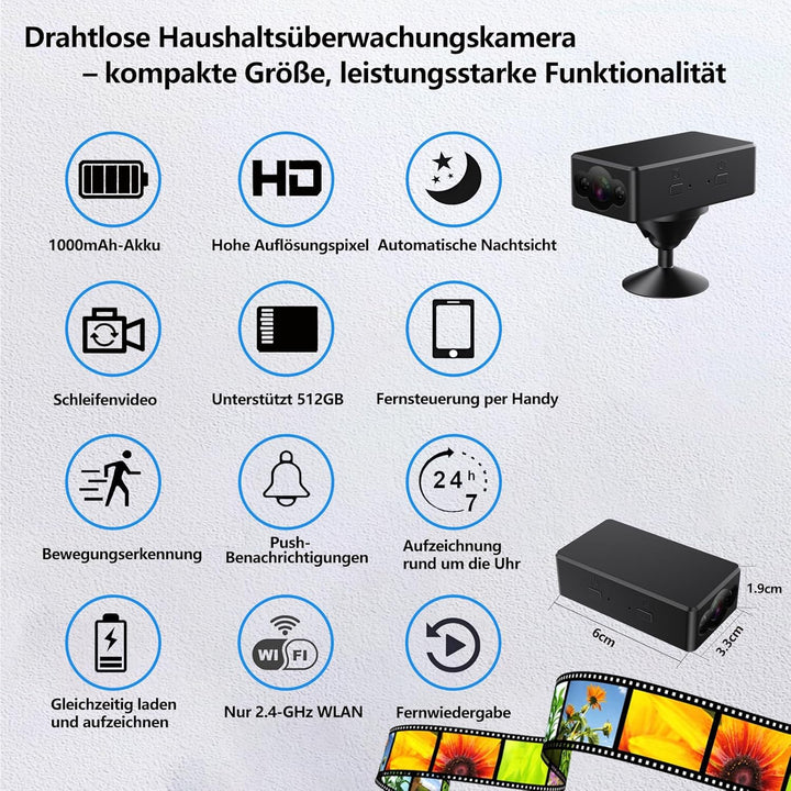 Mini-Kamera, WLAN-Überwachungskamera für Innen- und Aussenbereich, Sicherheitsüberwachungskamera mit