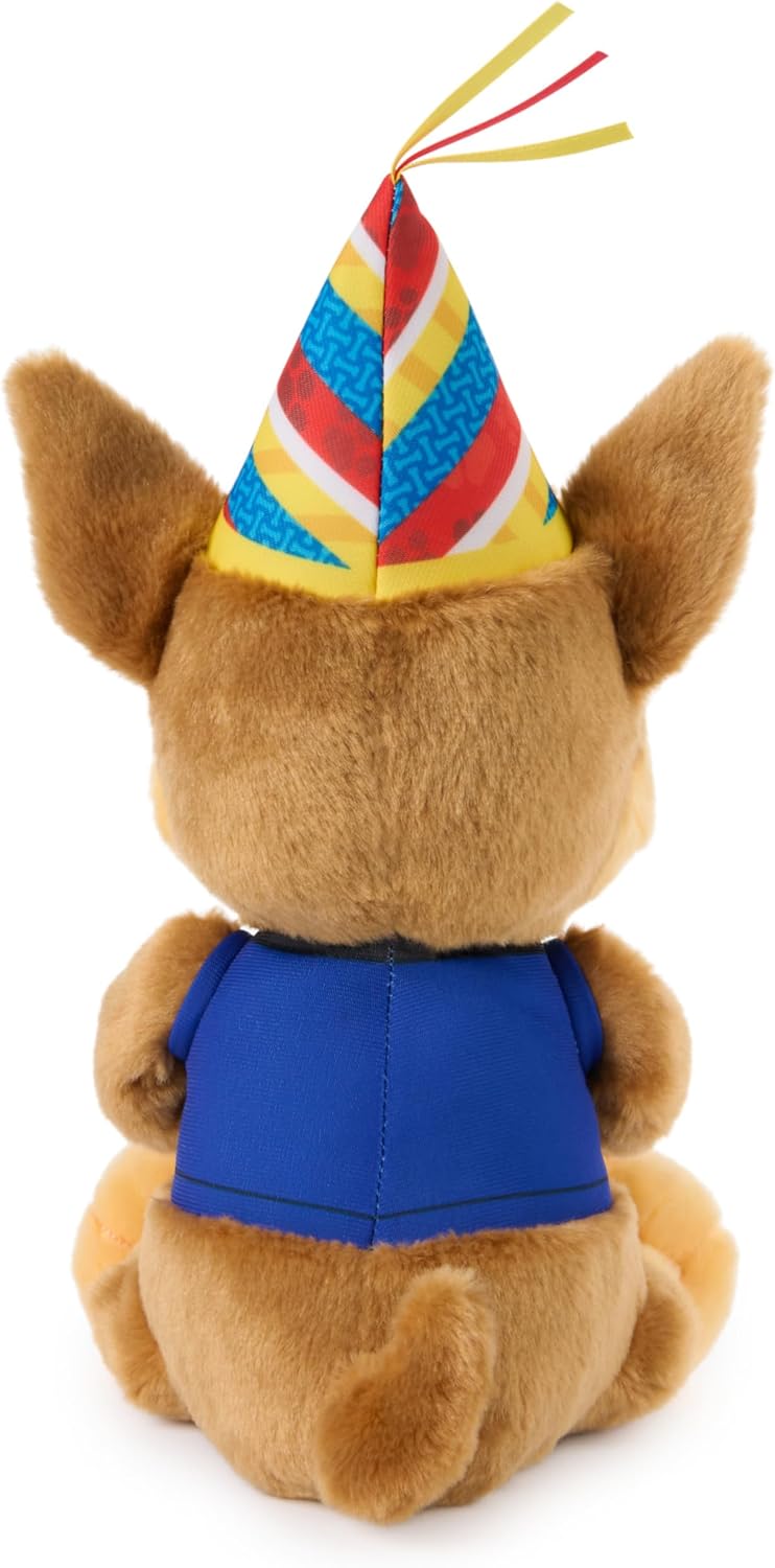 PAW PATROL Chase Kuscheltier im Geburtstagsoutfit, ab 3 Jahren | 23 cm gross | Mit Partyhut & Plüsch