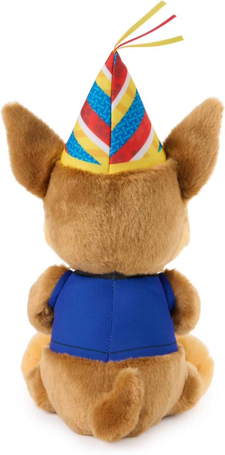 PAW PATROL Chase Kuscheltier im Geburtstagsoutfit, ab 3 Jahren | 23 cm gross | Mit Partyhut & Plüsch