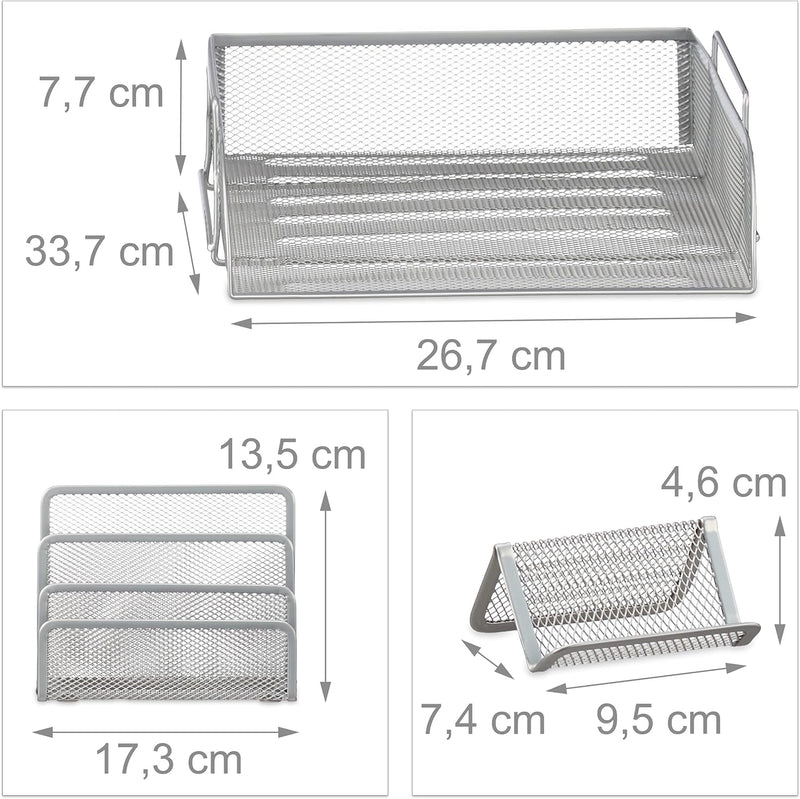 Relaxdays Schreibtisch Organizer Set, 7-teilig, Metall, Schreibtisch-Set, Briefablage, Zettelbox, St