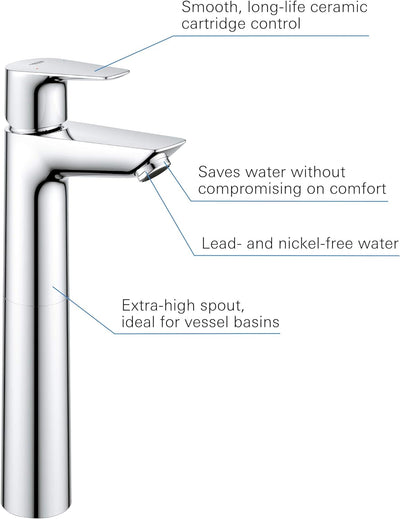 GROHE Start Edge - Einhand-Waschtischarmatur (wassersparend, XL- Size, flexible Anschlussschläuche),