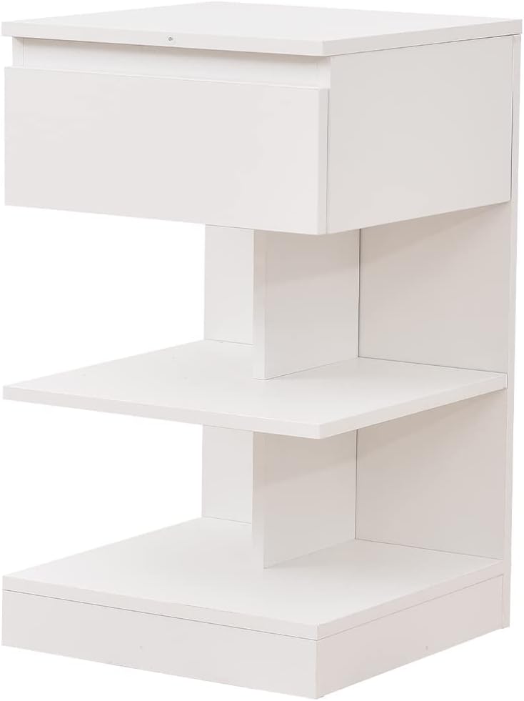 BAKAJI Moderner Nachttisch, 1 Schublade und 2 Regale, platzsparend, Weiss, 39 x 39 x 65 cm, Holz, Me