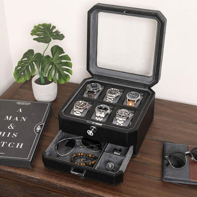 ROTHWELL Geschenkset 6 Slot Leder Uhrenbox und 2 Uhren Reiseetui - Luxus Uhrenetui Organizer, Aufbew