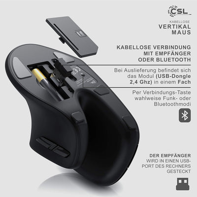 CSL - kabellose Vertikal Maus - Bluetooth + 2,4 GHz Funkmaus - Wireless Vertical Mouse – ergonomisch