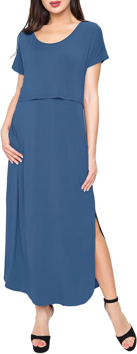 Smallshow Damen Lang Split Stillkleid Kurzarm Umstandskleid Sommer L Grau Blau, L Grau Blau