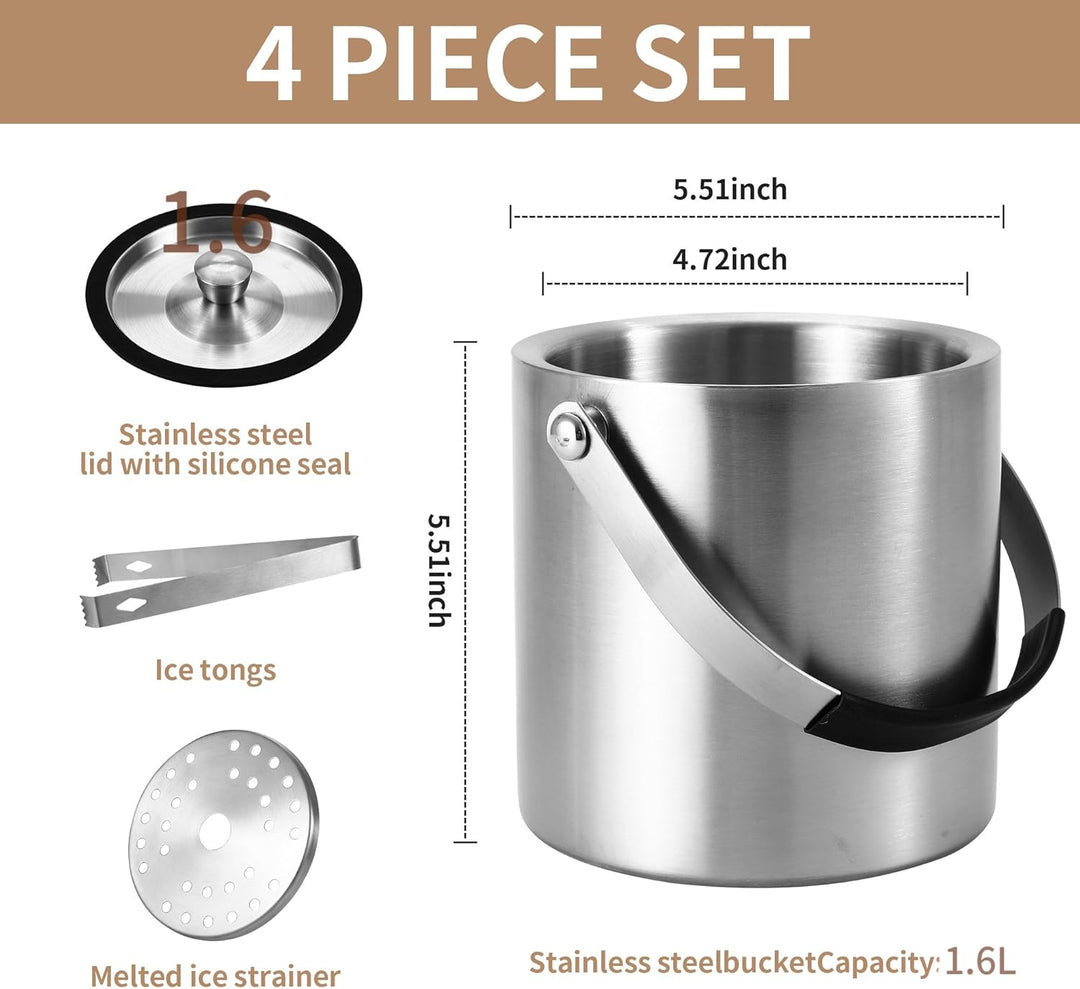 1.6L Eiswürfelbehälter, Eiskübel mit Deckel,Eiswürfelbehälter Edelstahl mit Clips und Sieb, perfekt