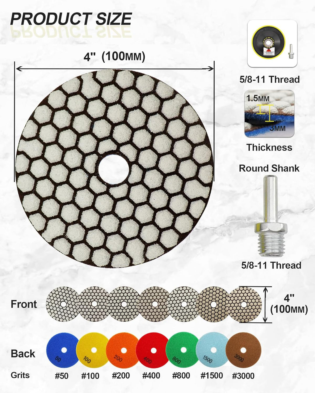 Trocken Diamant Polierpad 100mm 8 Stücke Körnung 50x3/100x2/200/400/800 Polierscheiben mit M14 Stütz