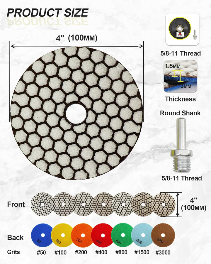 Trocken Diamant Polierpad 100mm 8 Stücke Körnung 50x3/100x2/200/400/800 Polierscheiben mit M14 Stütz