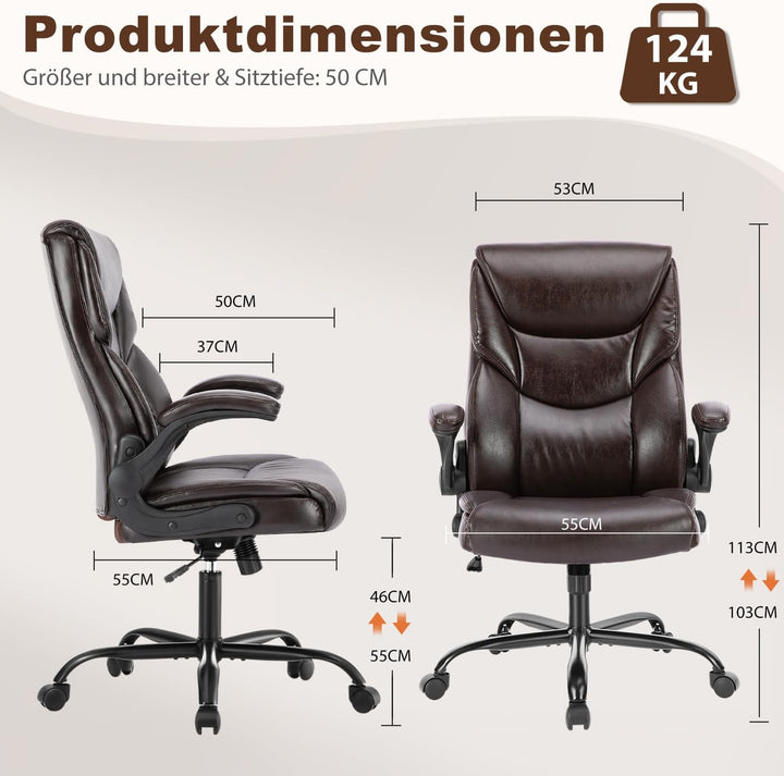 DUMOS Bürostuhl Pu-Leder Chefsessel mit Hochklappbaren Armlehnen Bürostuhle Leder mit Drehbaren Räde