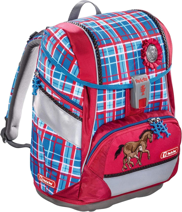 Step by Step Schulranzen-Set 2IN1 „Horse Family“ 4-teilig, rot-blau, Pferde-Design, ergonomischer To