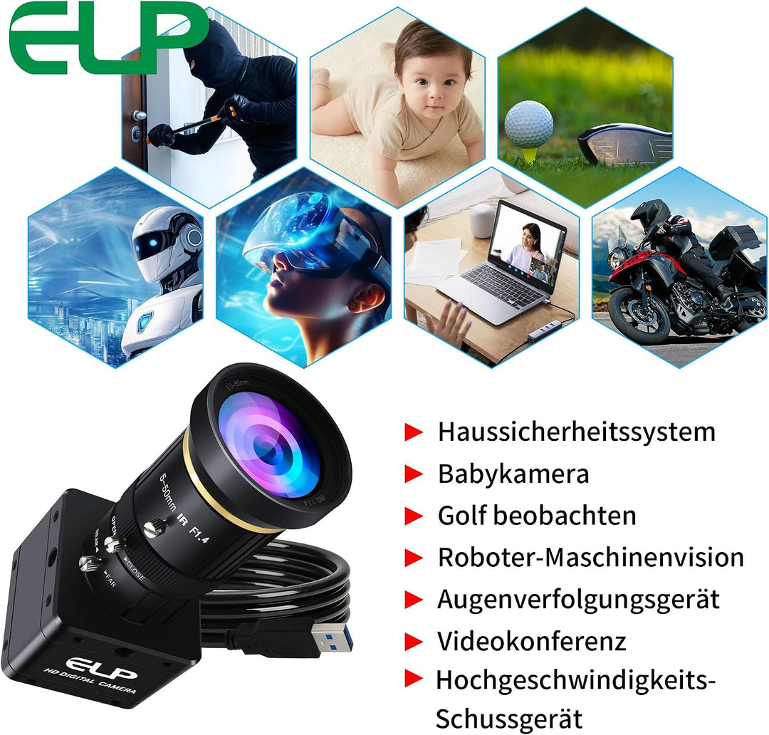 G ELP High Speed Global Shutter USB3.0 Zoom Kamera, 720P/200fps, 1200P/120fps, 5-50mm 10X Zoom Webca