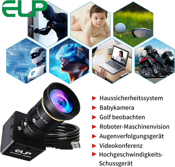 G ELP High Speed Global Shutter USB3.0 Zoom Kamera, 720P/200fps, 1200P/120fps, 5-50mm 10X Zoom Webca