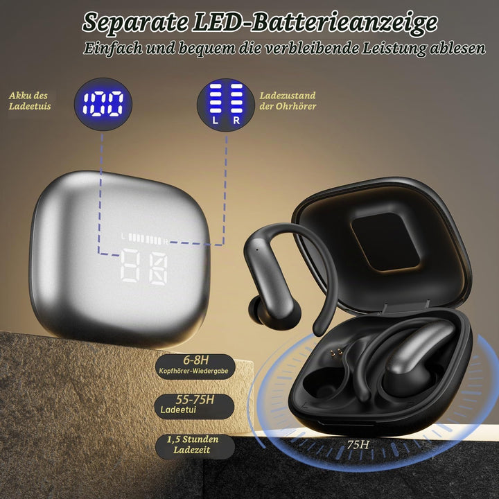 Bluetooth 6.0 Kopfhörer Sport,Kopfhörer Kabellos HiFi Immersive Sound,75 Std Spielzeit,LED-Anzeige,I