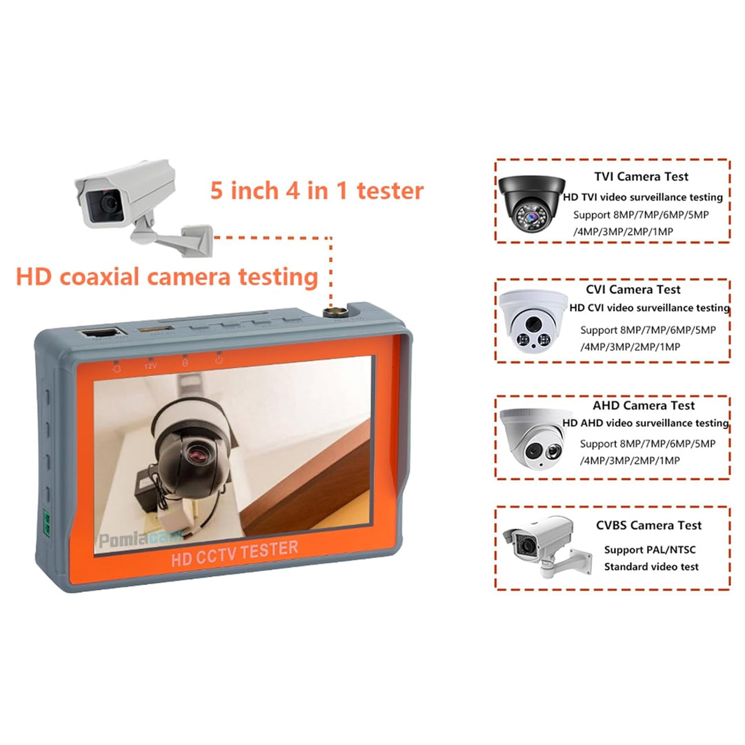 POMIACAM 4 in 1 CCTV Tester Support 720P/1080P/3mp/4mp/5mp/8MP AHD, TVI, CVI & CVBS Analog Camera, S