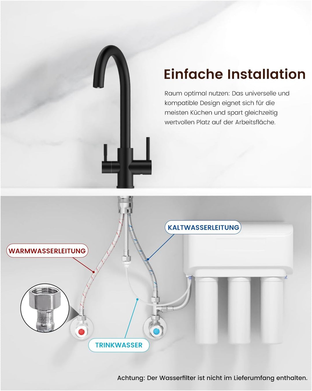 DAYONE Schwarz 3-Wege Wasserhahn für Küche, Trinkwasserhahn mit 2 Hebel, 360° Drehbar Küchenarmatur