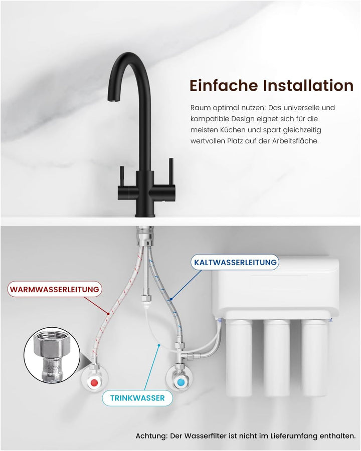 DAYONE Schwarz 3-Wege Wasserhahn für Küche, Trinkwasserhahn mit 2 Hebel, 360° Drehbar Küchenarmatur