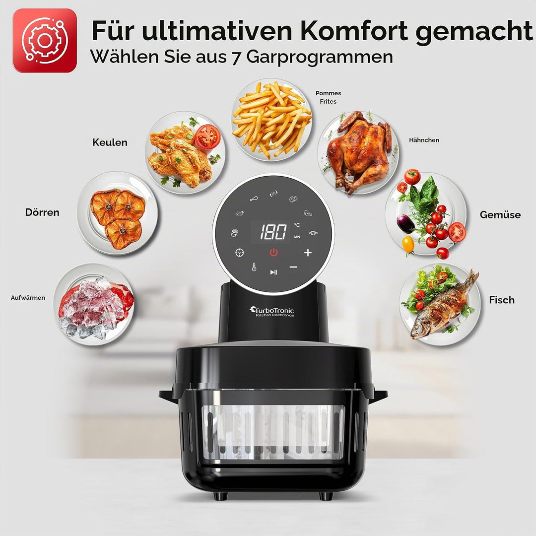 TurboTronic Heissluftfritteuse 6 L - AFG6-1600 W Glas Airfryer – Digitale Heissluft Fritteuse 50–180