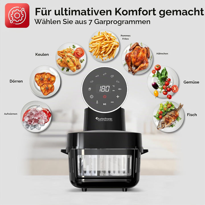 TurboTronic Heissluftfritteuse 6 L - AFG6-1600 W Glas Airfryer – Digitale Heissluft Fritteuse 50–180