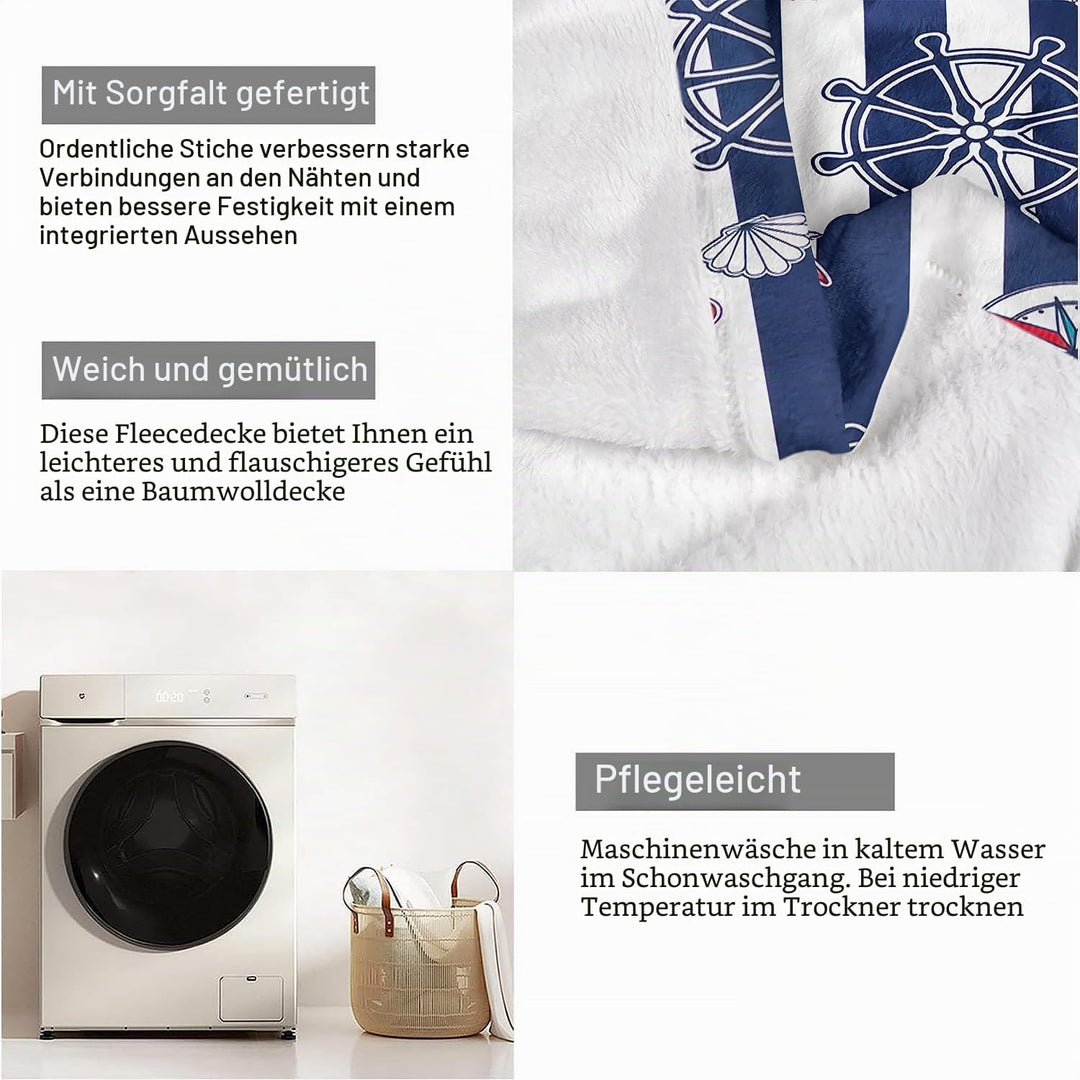 Kuscheldecke mit Maritime Streifen, Super weiches Fleece, Überwurfdecke für Bettwäsche Couch Sofa, S