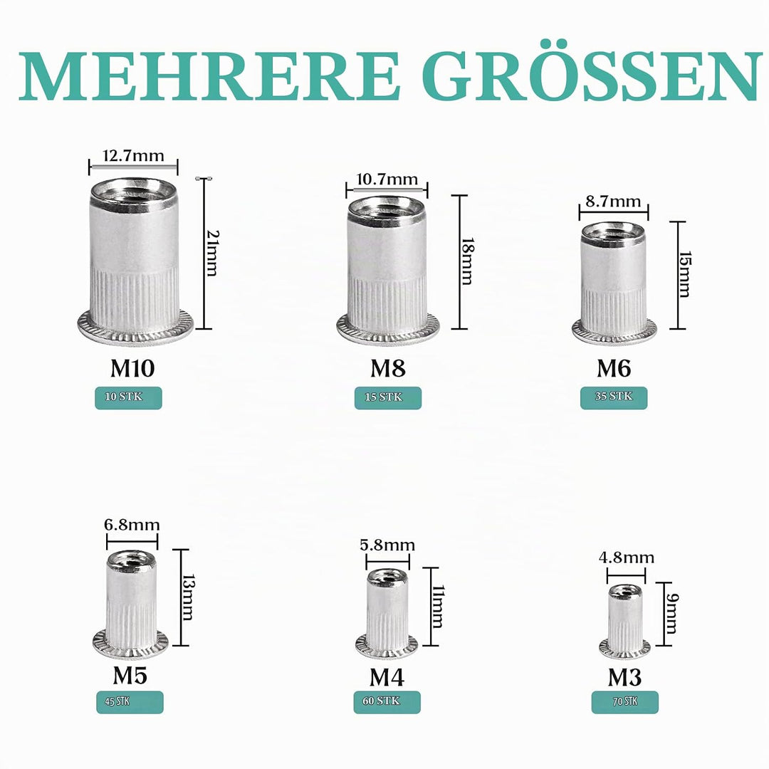 Jayzuum 235 Stück Nietmuttern Sortiment Set, M3 M4 M5 M6 M8 M10 A2-70 Edelstahl Zugnietmutter Rivet