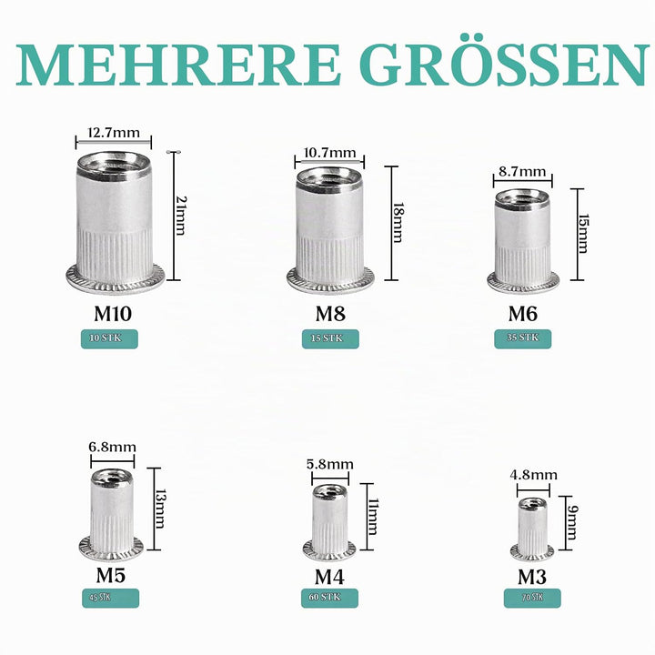 Jayzuum 235 Stück Nietmuttern Sortiment Set, M3 M4 M5 M6 M8 M10 A2-70 Edelstahl Zugnietmutter Rivet