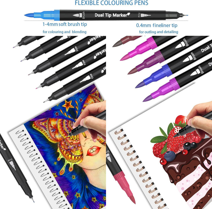 Sonlaryin Dual Brush Pen Set, Pinselstifte 132, Fineliner Set, Filzstifte Dicke und Dünne für Kinder