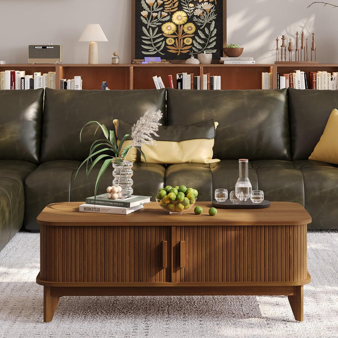 YOUDENOVA Couchtisch Holz mit Stauraum,Modern Wohnzimmertisch mit Schiebetüren im Tambour-Design,Bei