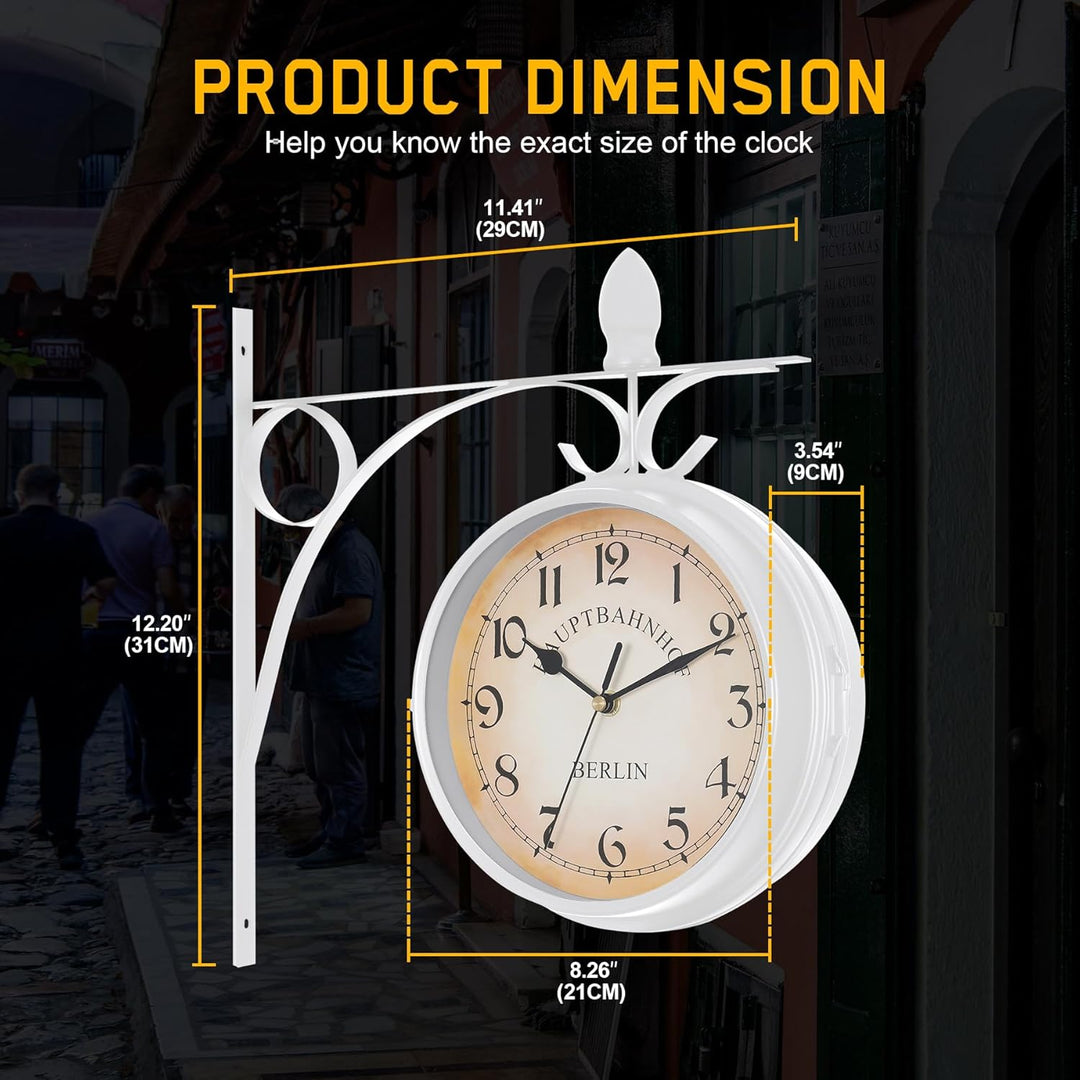 Samger Bahnhofsuhr Doppelseitig Wanduhr Garten Uhr Bahnhof mit Halterung, Retro Vintage-Stil, 29CM,