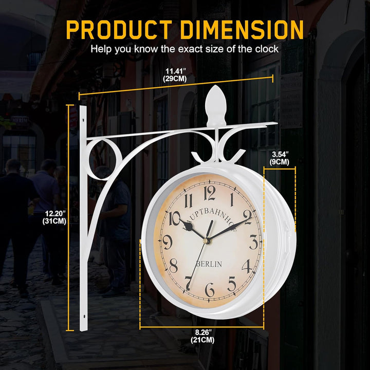 Samger Bahnhofsuhr Doppelseitig Wanduhr Garten Uhr Bahnhof mit Halterung, Retro Vintage-Stil, 29CM,