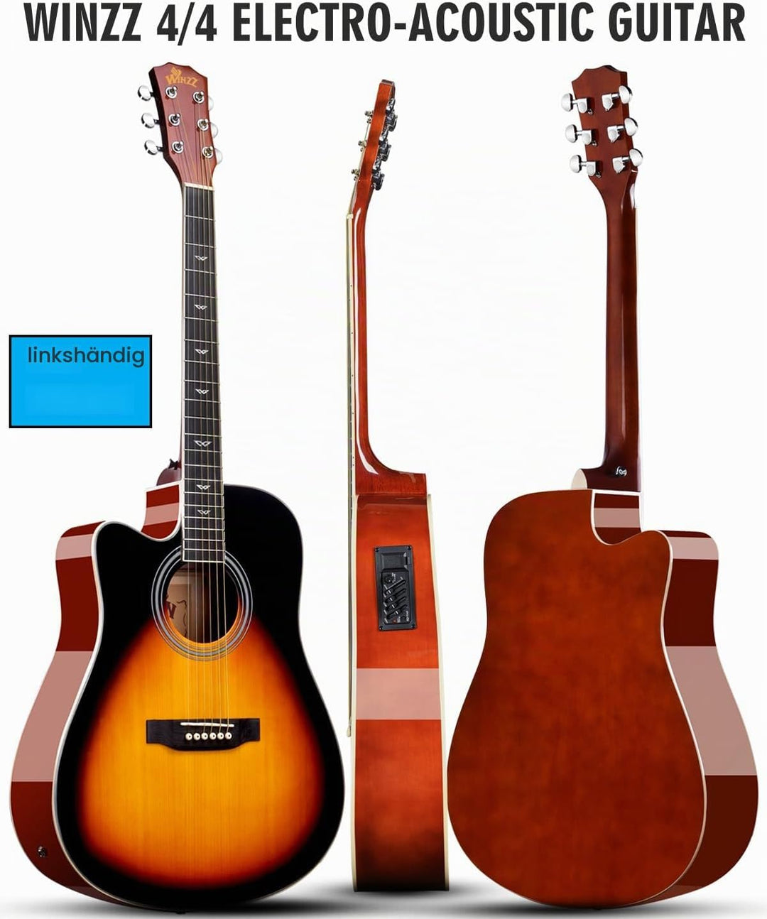 Winzz 4/4 Elektro-Akustische Gitarre, Linkshänder Westerngitarre Set Erwachsene Anfänger, Akustikgit