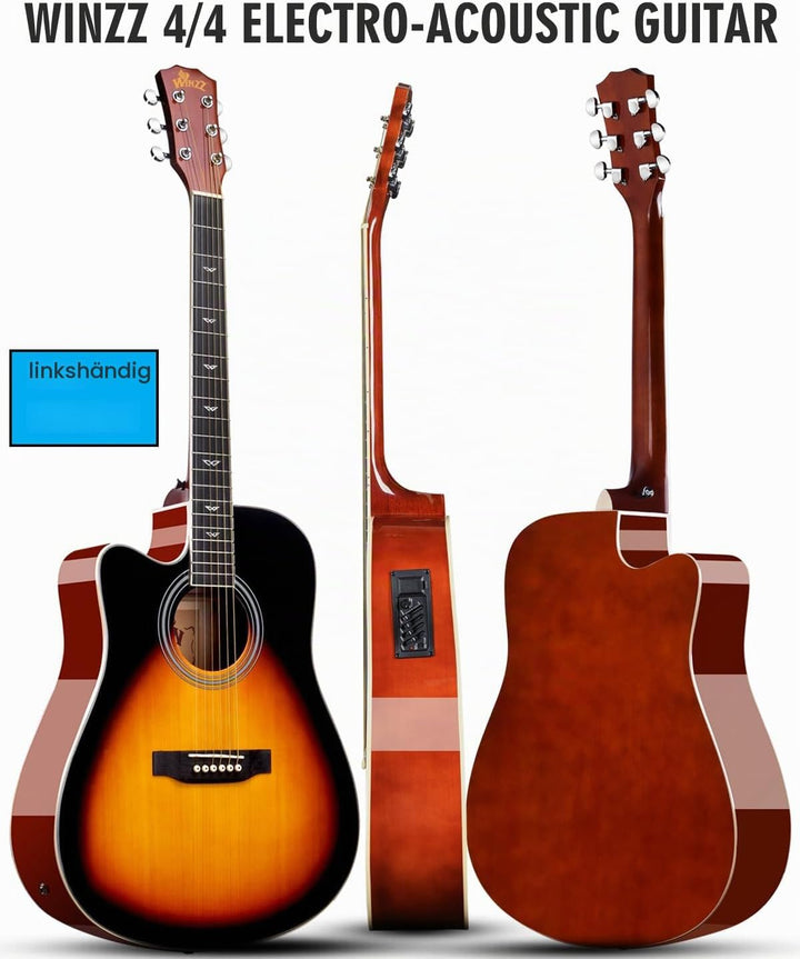 Winzz 4/4 Elektro-Akustische Gitarre, Linkshänder Westerngitarre Set Erwachsene Anfänger, Akustikgit