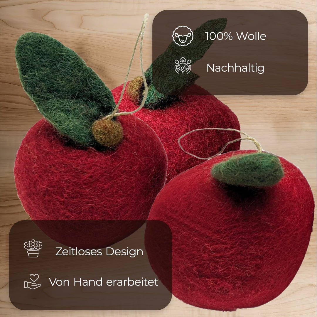 5 Äpfel in Originalgrösse (7cm) aus Filz handgearbeitet mit Aufhängung. Tisch - Deko mit künstlichem