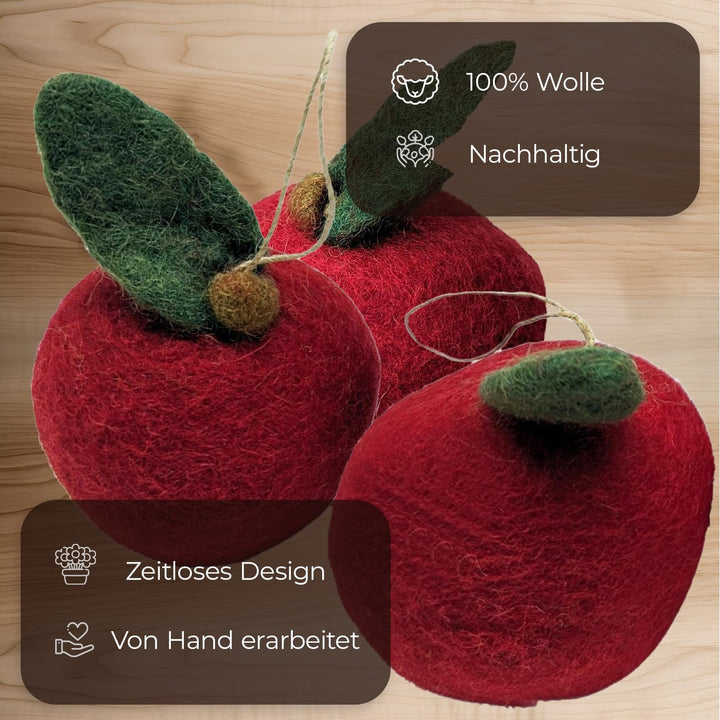 5 Äpfel in Originalgrösse (7cm) aus Filz handgearbeitet mit Aufhängung. Tisch - Deko mit künstlichem
