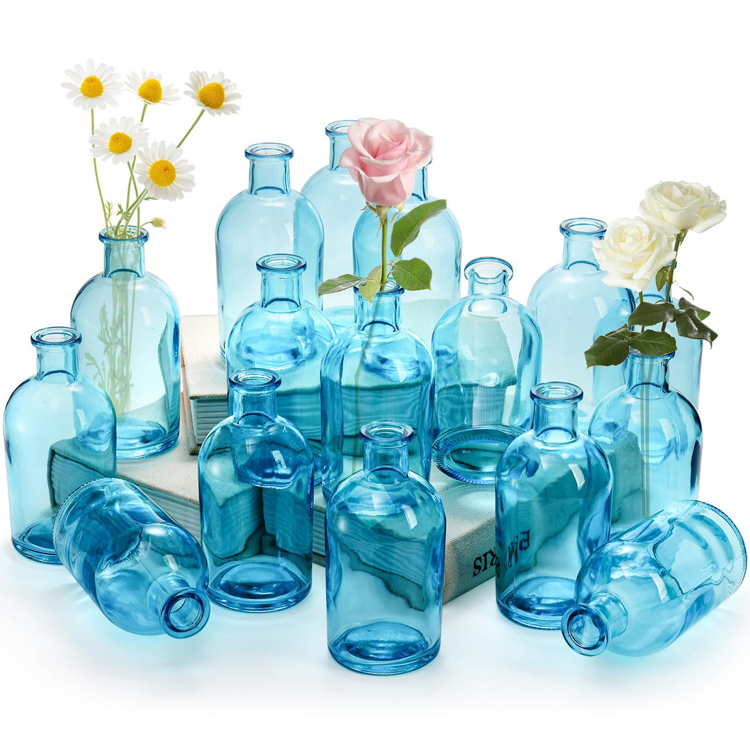 YOUEON 16 Stück blaue Glasvasen, 237 ml, lebende Knospenvasen, kleine Glasvasen für Blumen, dekorati
