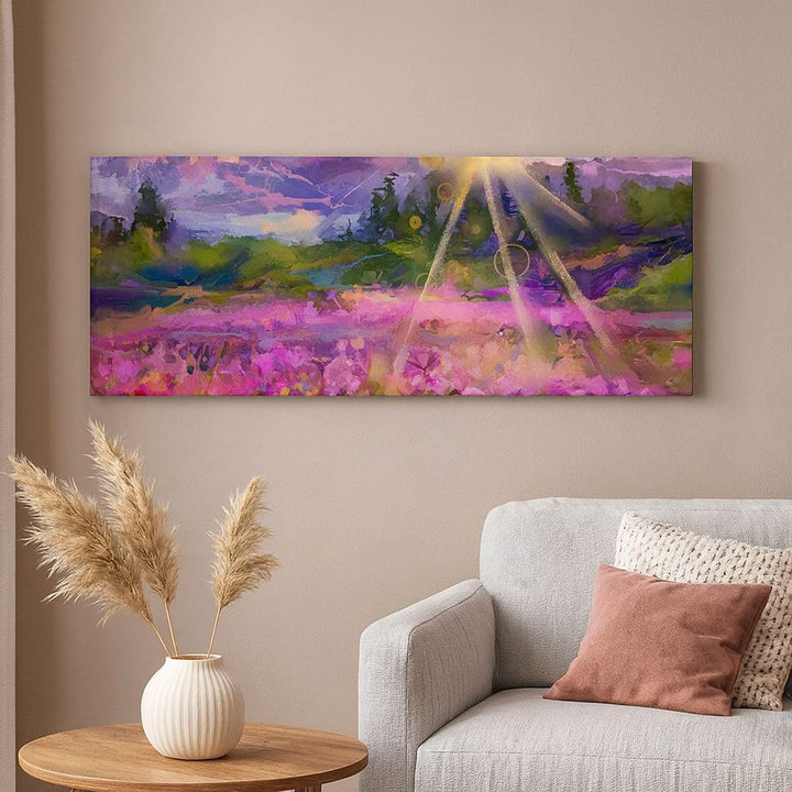 Wandbilder Dekoration Wohnzimmer Berge Blumen Blumen Panorama Bilder auf Leinwand 120x50cm Leinwandb